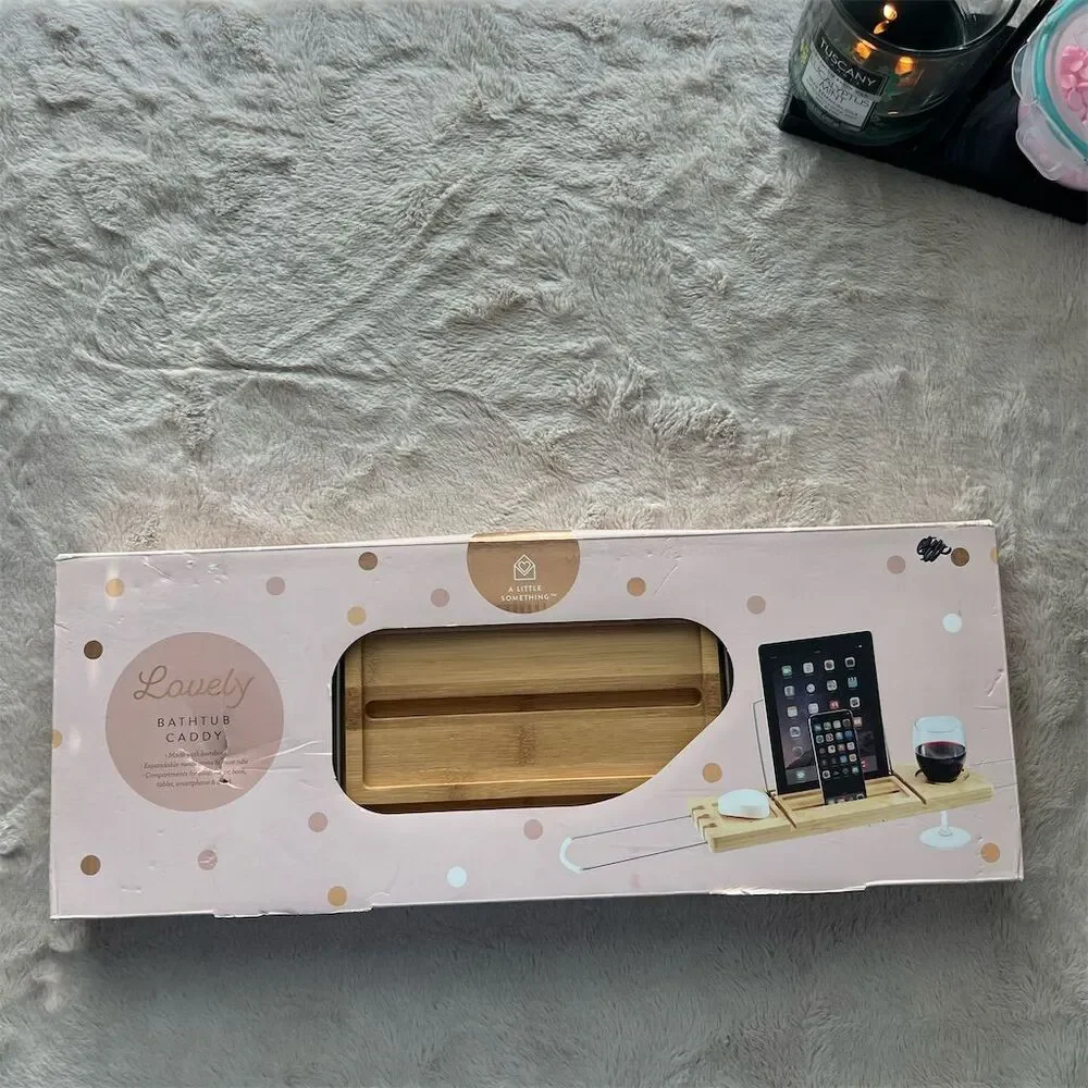 A Little Something Bamboo Bathtub Caddy Tray Adjustable Non-Slip Grips